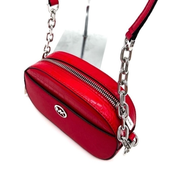 Michael Kors Large Jet Set Glam Leather Snakeskin Oval Crossbody Bag Red/Gold - Picture 8 of 10